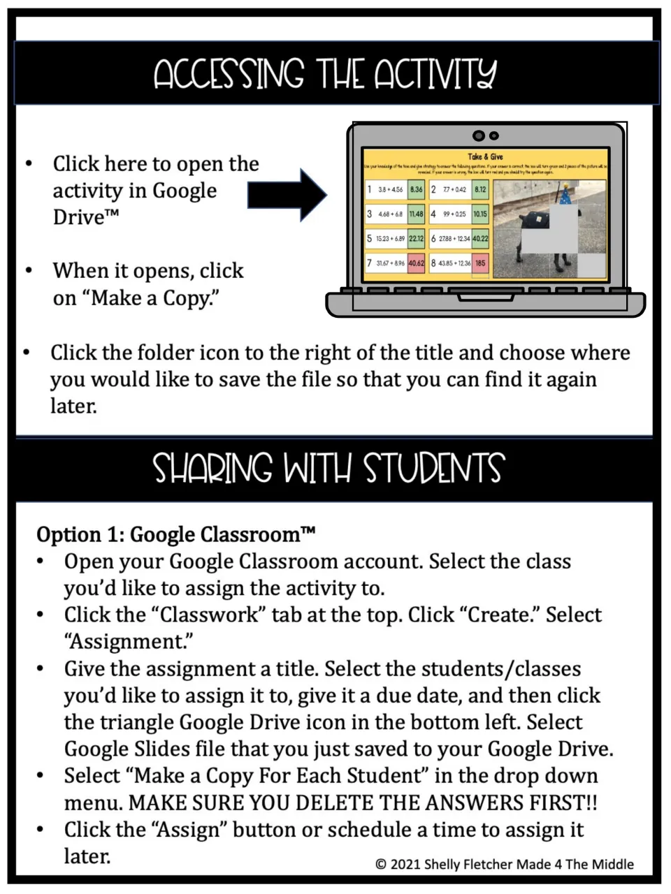Accessing the activity: steps to copy the Google Drive file and assign it to students through Google Classroom