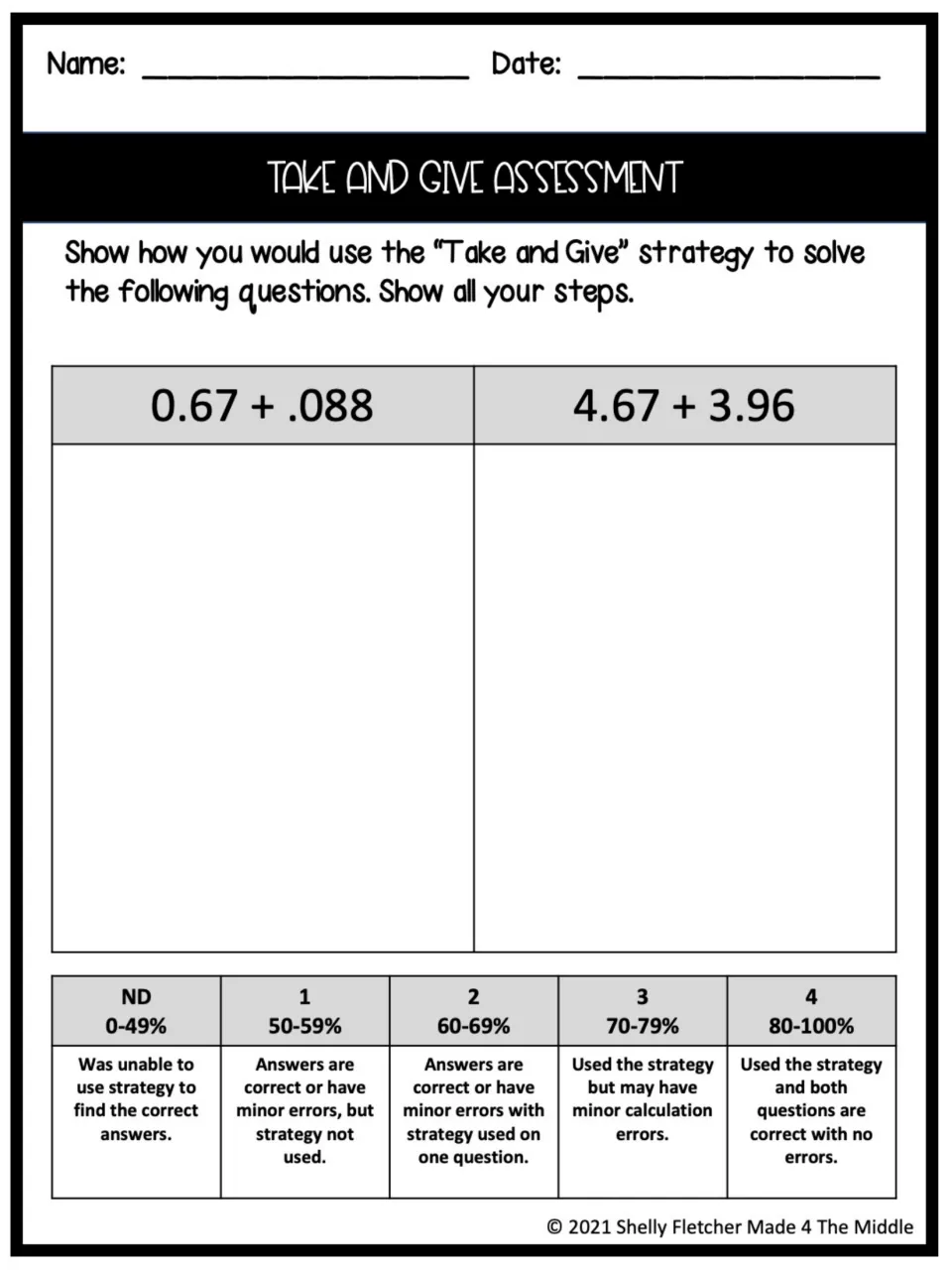 Take and Give assessment: students show their steps to add 0.67 + .088 and 4.67 + 3.96, scored on a 4-level rubric