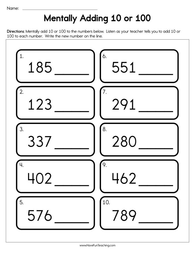 Mentally Adding 10 Or 100 Worksheet By Teach Simple