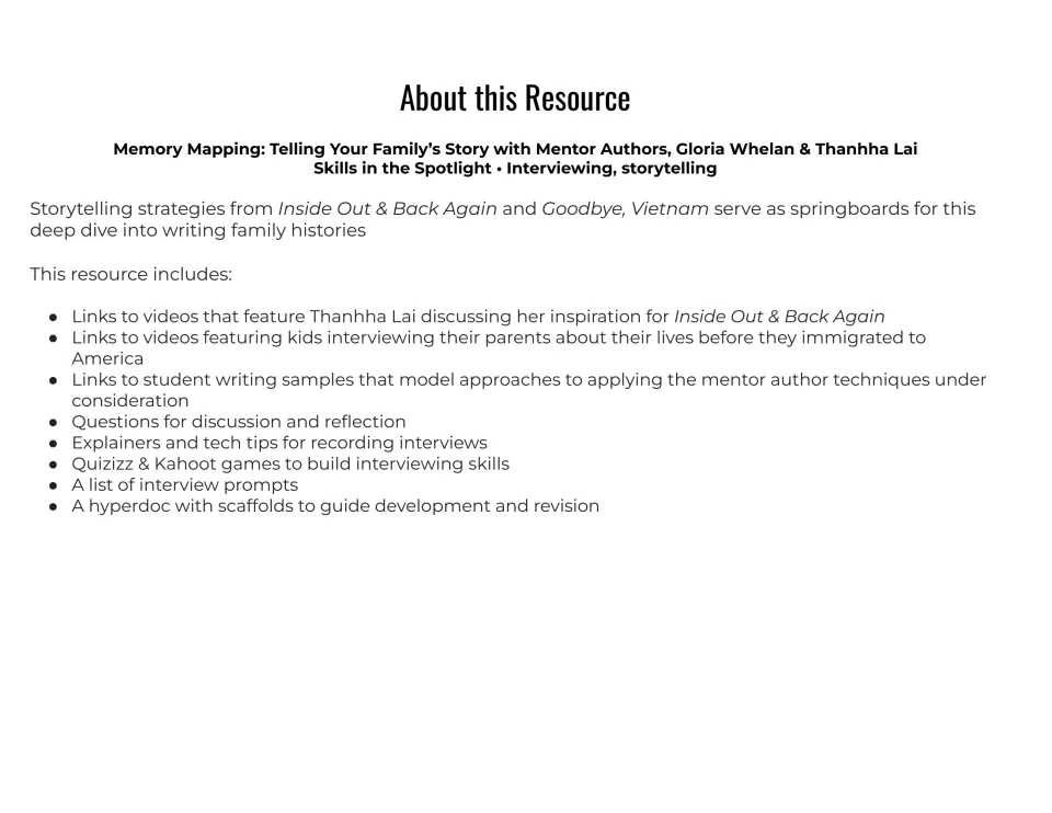 About this Resource: overview of interviewing and storytelling unit listing videos, writing samples, interview prompts
