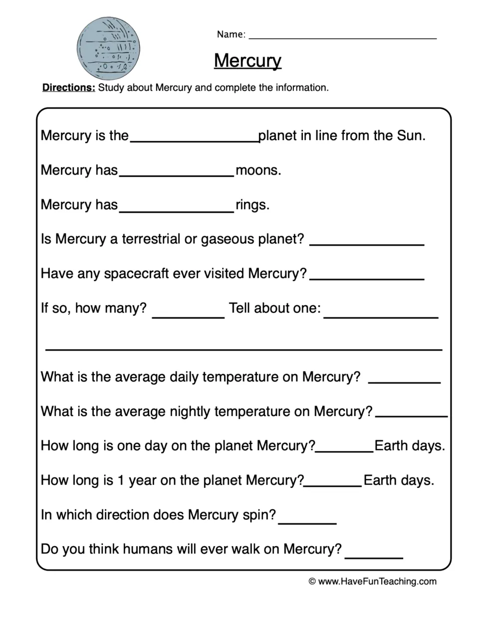 Mercury research: students fill in its order from the Sun, moons, rings, temperatures, day and year length and spin