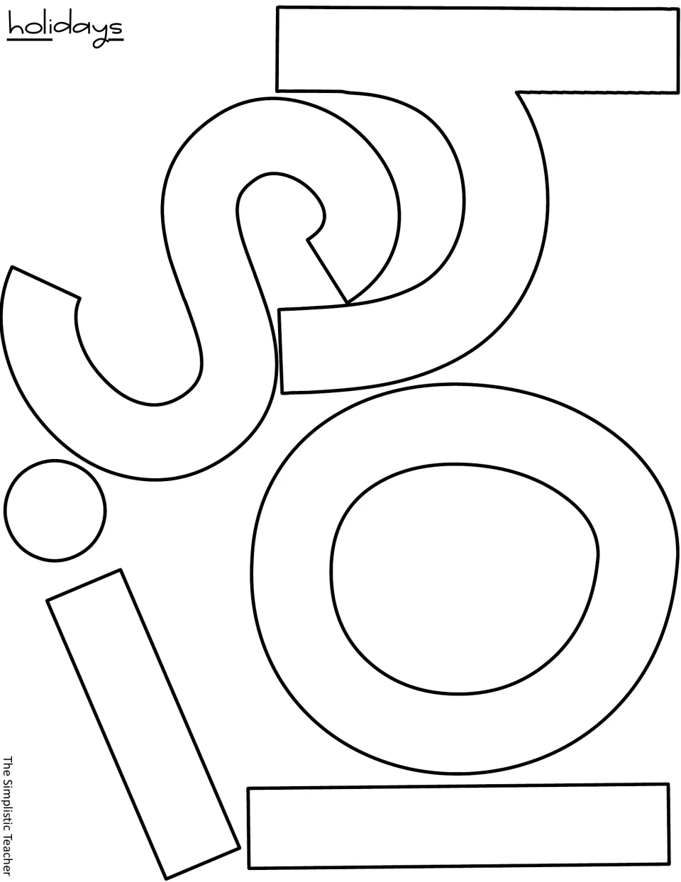 Outline block letters for the word holidays, first part, as cut-out pieces sized for a classroom door