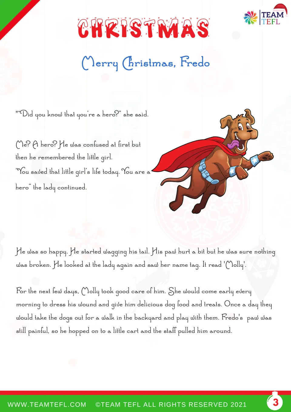 Story part 3: Molly calls Fredo a hero, cares for his injured paw, and helps him enjoy life at the shelter.
