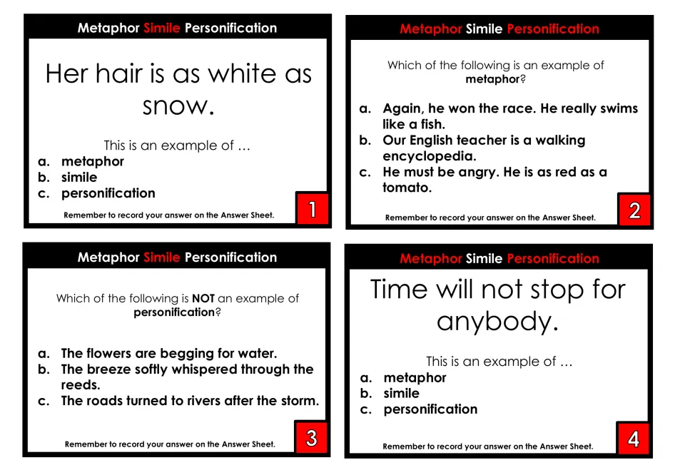 Figurative language task cards 1-4: students label sentences like 'Her hair is as white as snow' and pick the metaphor