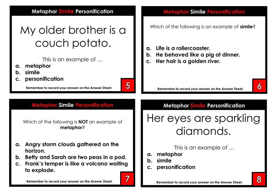 Task cards 5-8 on figures of speech: students classify 'couch potato' and 'sparkling diamonds' and spot the simile choice