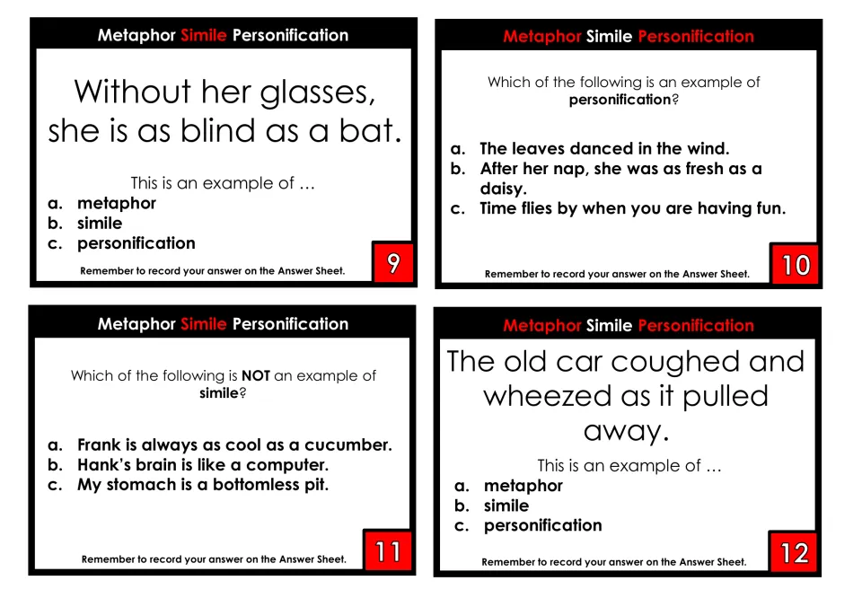 Figures of speech, cards 9-12: students classify 'blind as a bat', dancing leaves and a car that coughed and wheezed
