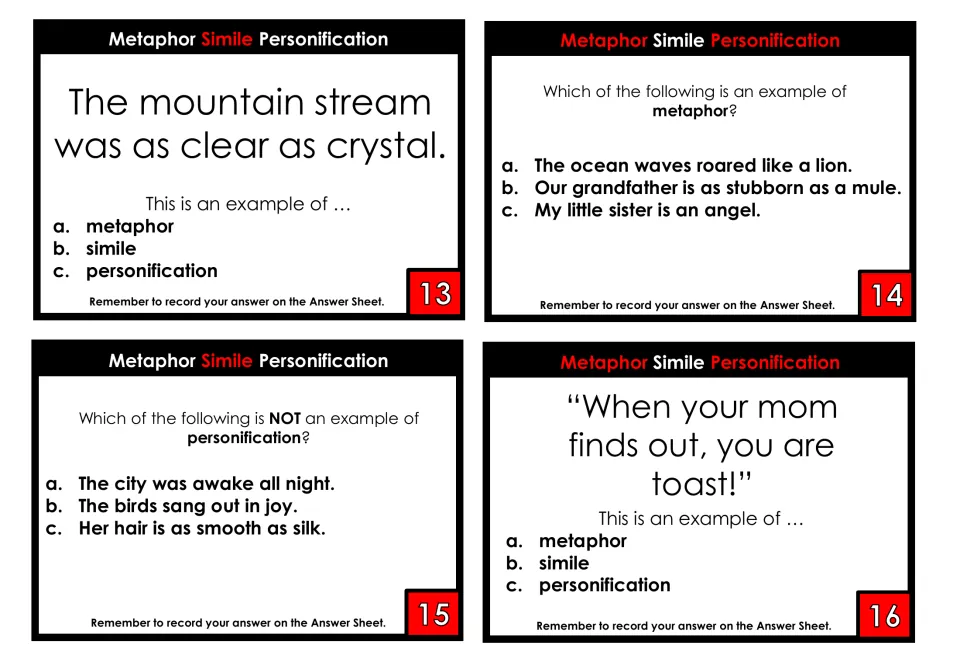 Cards 13-16 on figurative phrases: students sort 'clear as crystal', 'my little sister is an angel' and 'you are toast!'