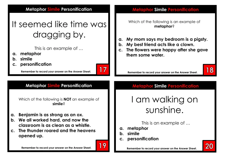 Similes, metaphors and personification, cards 17-20: students classify 'time was dragging by' and 'walking on sunshine'