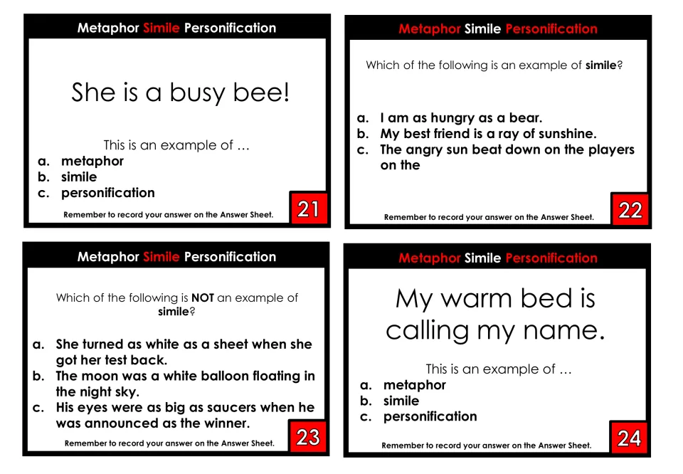 Figurative language review, cards 21-24: students label 'She is a busy bee!' and 'My warm bed is calling my name'