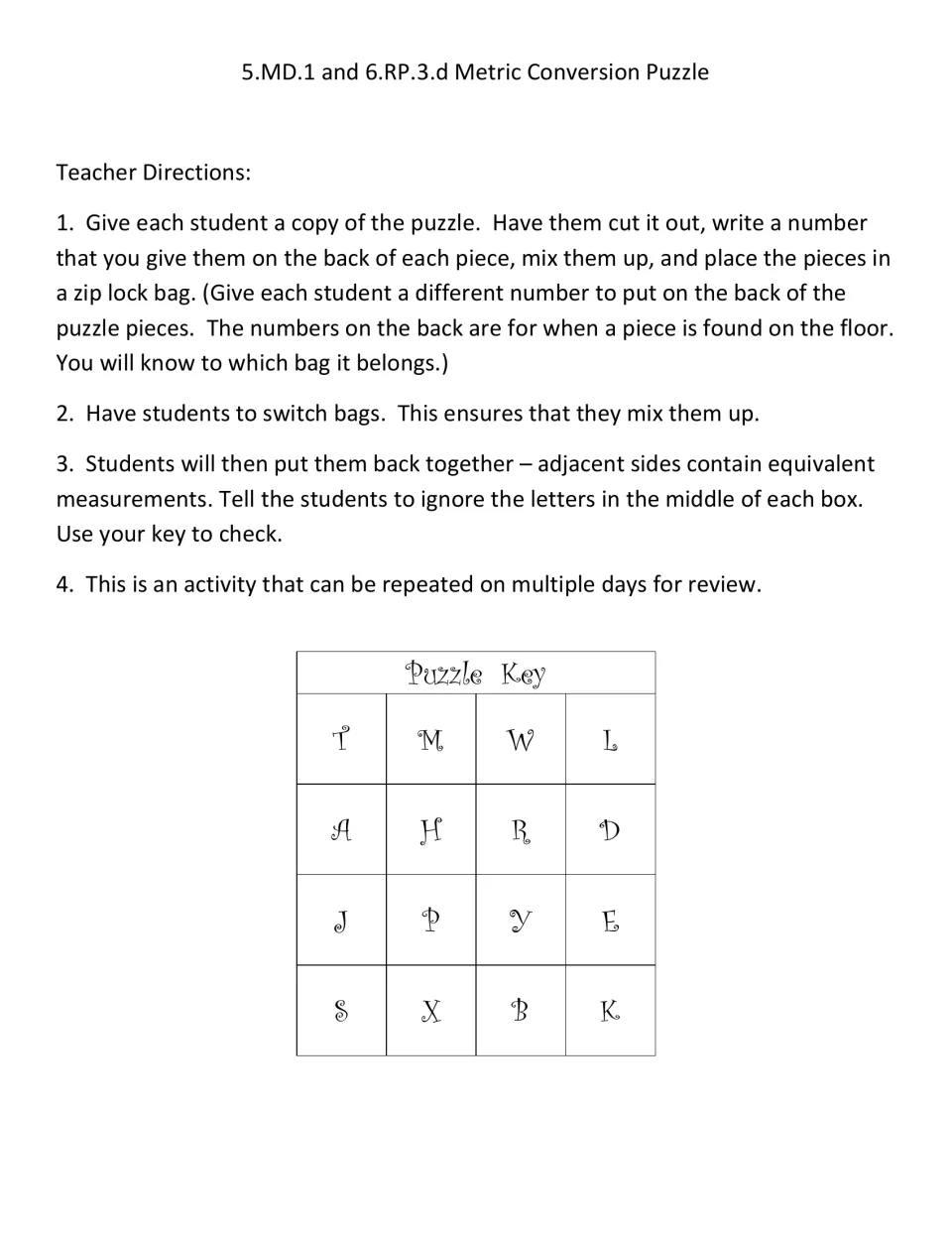 Metric conversion puzzle teacher directions for cutting, bagging and swapping pieces, plus a lettered puzzle key