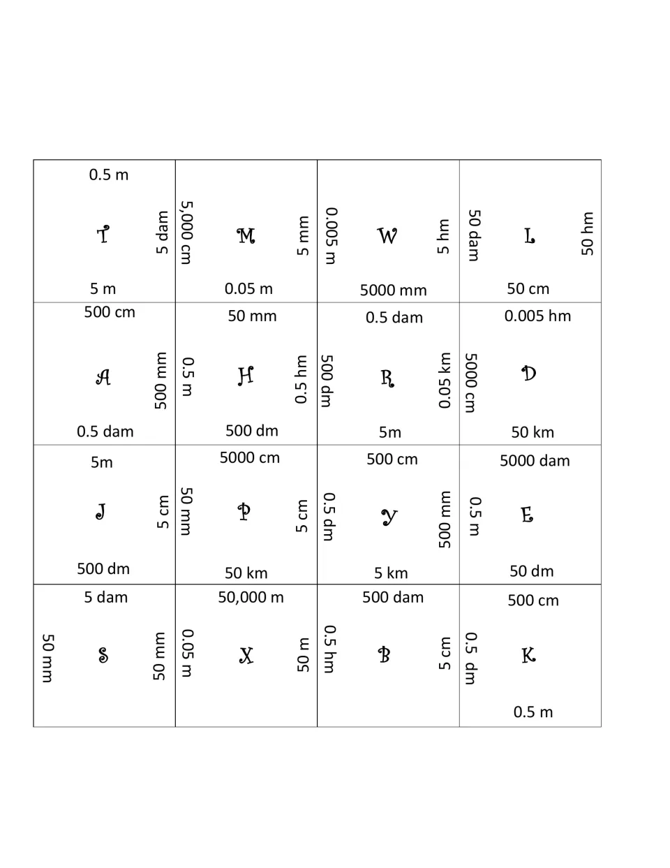 Metric units puzzle: students cut 16 lettered squares and match adjacent sides with equal lengths, like 5 m and 500 cm