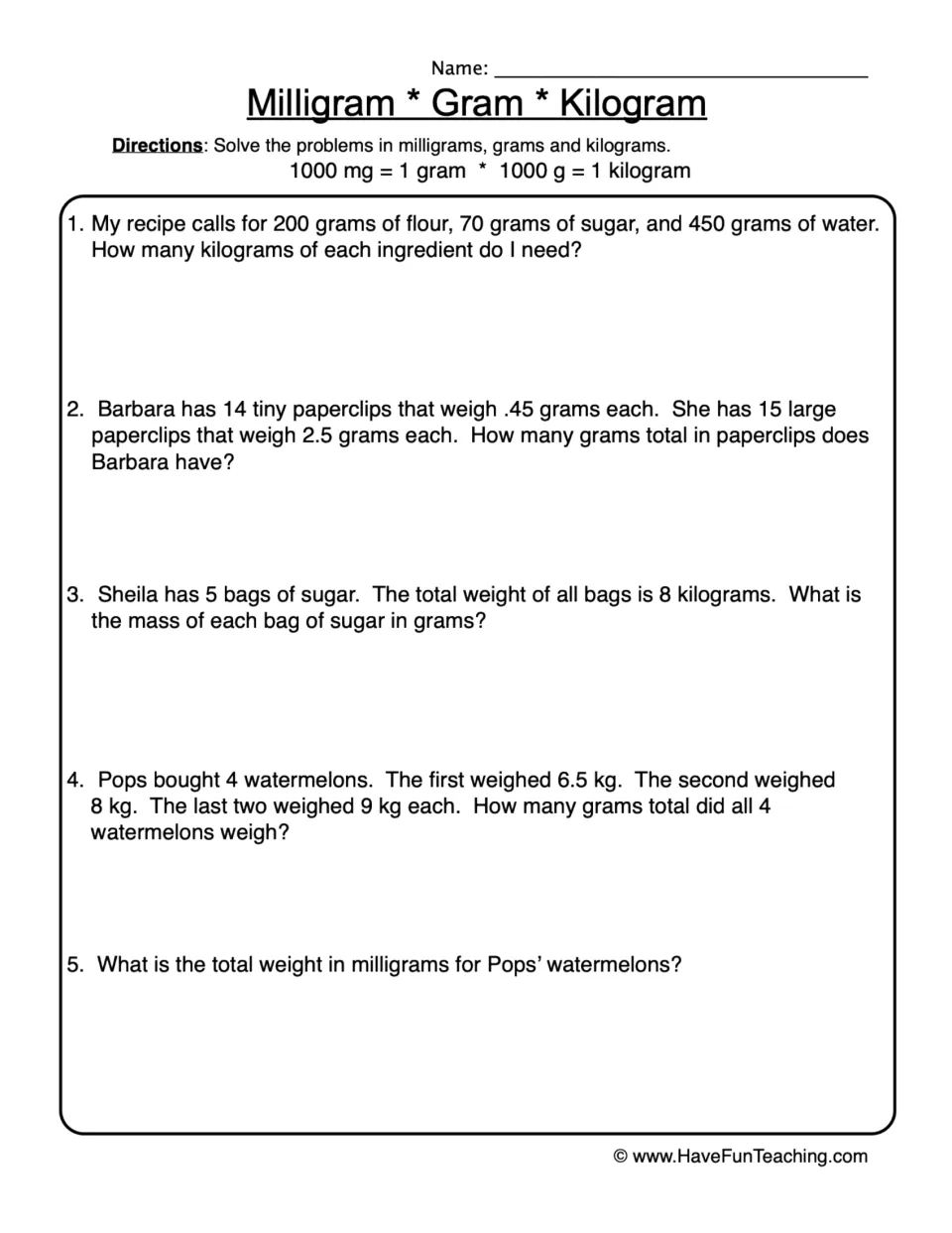 Milligram, gram and kilogram: students solve 5 word problems converting recipe, paperclip and watermelon masses