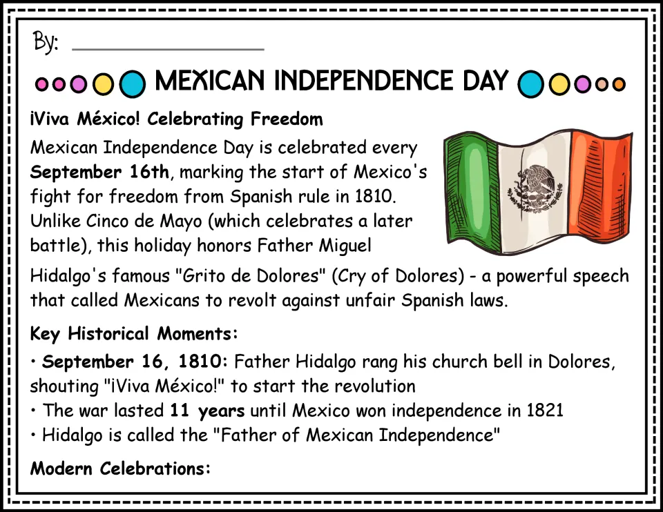 Color passage opening about September 16, Miguel Hidalgo's call for freedom, and independence in 1821