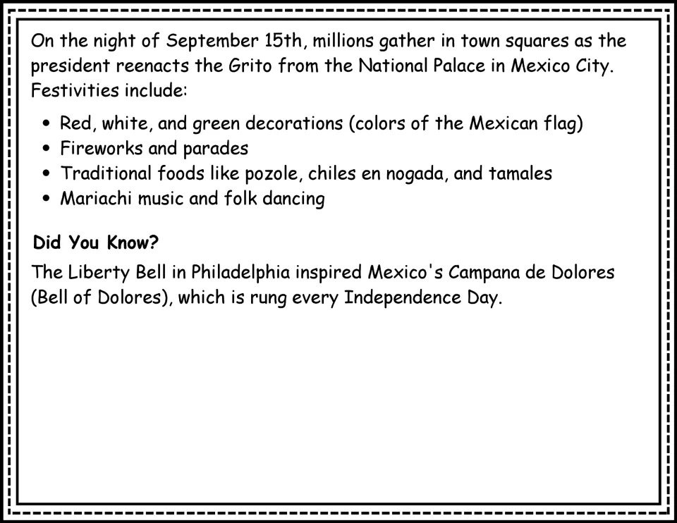 Passage continuation covers September 15 celebrations, traditional foods, music, and the Bell of Dolores