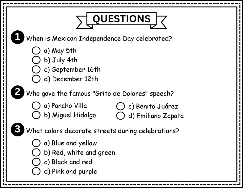 Comprehension questions 1–3 ask about the holiday's date, the Grito de Dolores speaker, and celebration colors