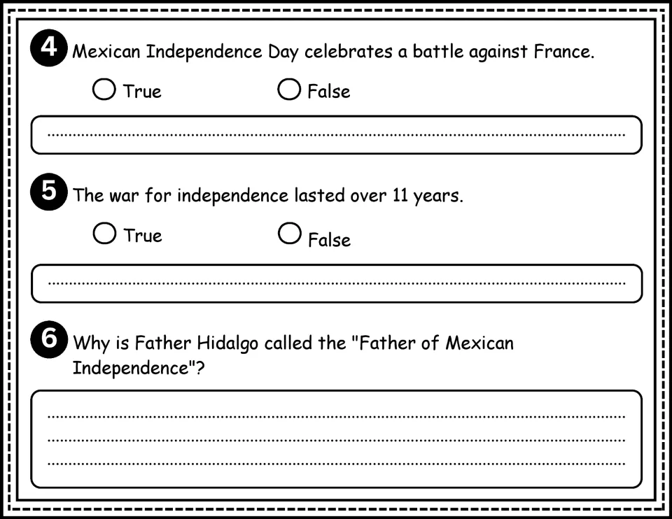 Comprehension questions 4–6 check the war's opponent and length and ask why Hidalgo is called a founding figure