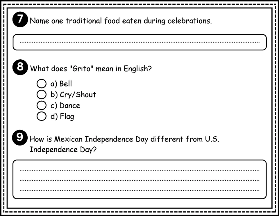 Comprehension questions 7–9 cover traditional food, grito (cry/shout), and comparison with U.S. Independence Day