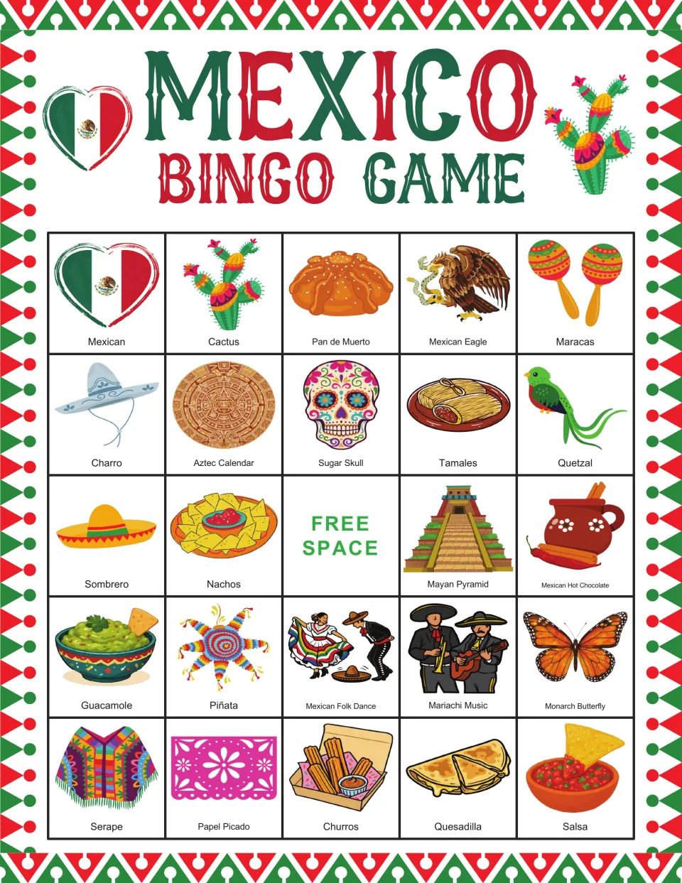 Bingo card 1: cactus, Mexican eagle, maracas, tamales, and 20 more labeled pictures, plus a free space