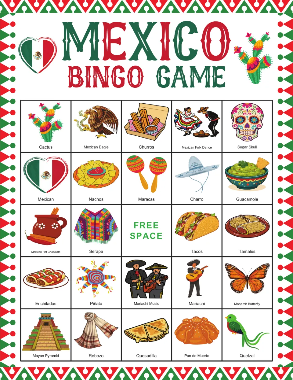 Bingo card 2: churros, sugar skull, tacos, rebozo (shawl), and 20 more labeled pictures, plus a free space