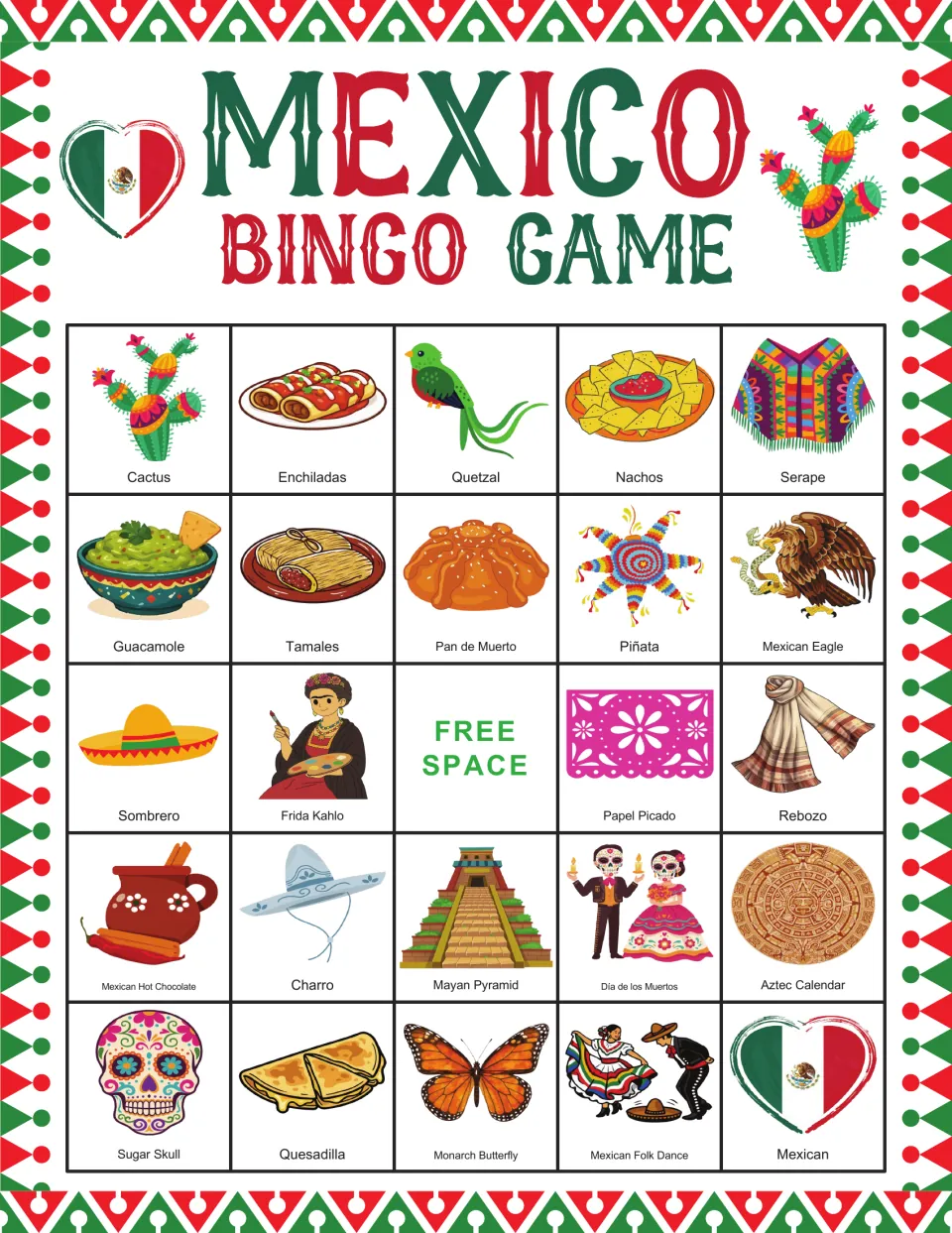 Bingo card 3: Frida Kahlo, enchiladas, quetzal, sombrero (hat), and 20 more pictures, plus a free space