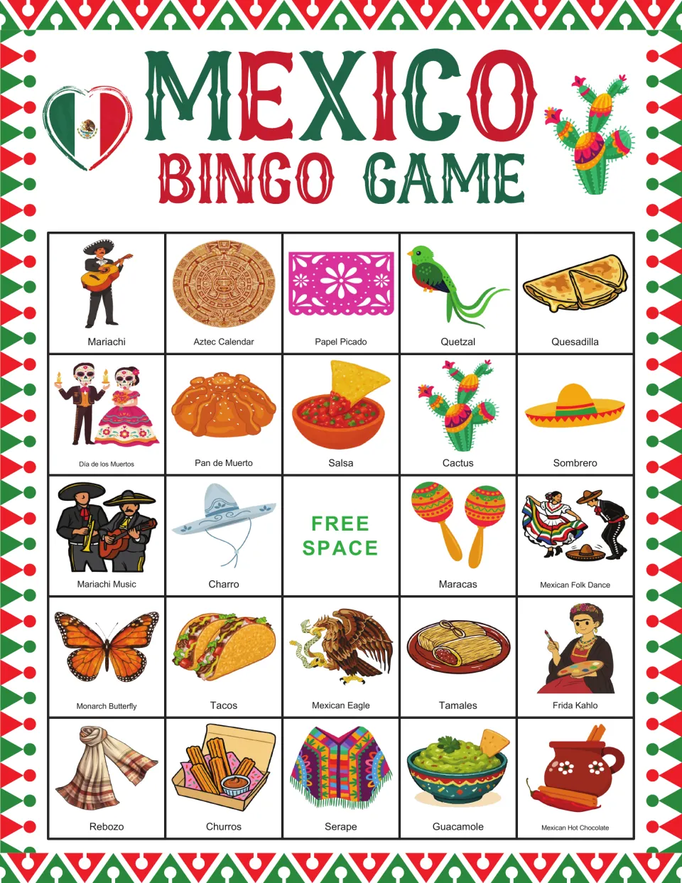 Bingo card 4: mariachi, Aztec calendar, salsa, Frida Kahlo, and 20 more labeled pictures, plus a free space