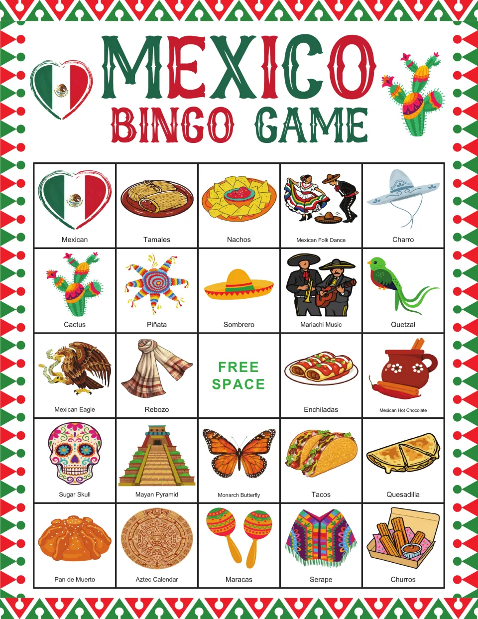 Bingo card 5: tamales, nachos, Mexican folk dance, churros, and 20 more labeled pictures, plus a free space