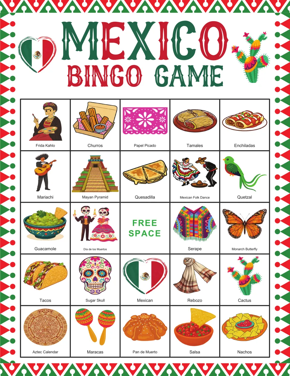 Bingo card 6: Frida Kahlo, churros, tamales, enchiladas, and 20 more labeled pictures, plus a free space