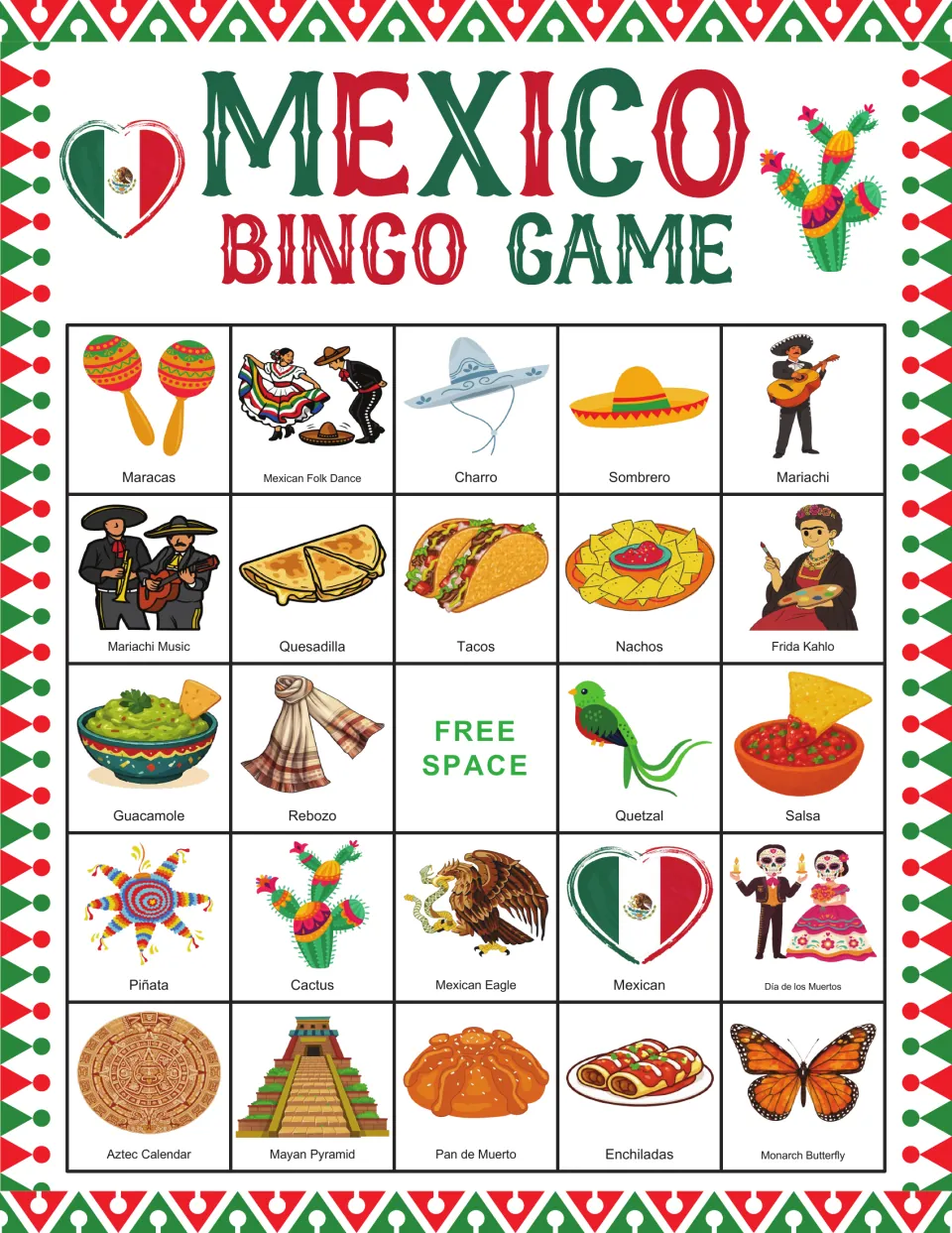 Bingo card 7: maracas, Mexican folk dance, guacamole, tacos, and 20 more pictures, plus a free space