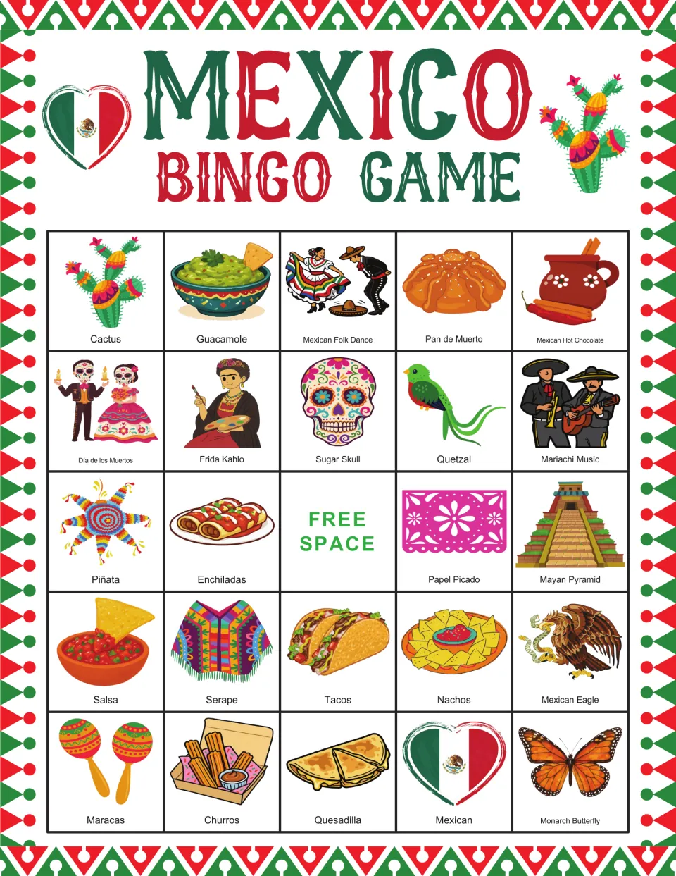 Bingo card 8: cactus, guacamole, sugar skull, Mayan pyramid, and 20 more labeled pictures, plus a free space