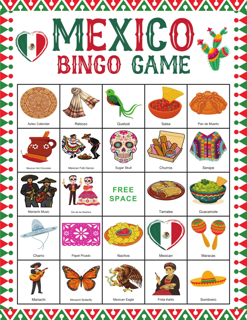 Bingo card 9: Aztec calendar, rebozo (shawl), quetzal, salsa, and 20 more pictures, plus a free space