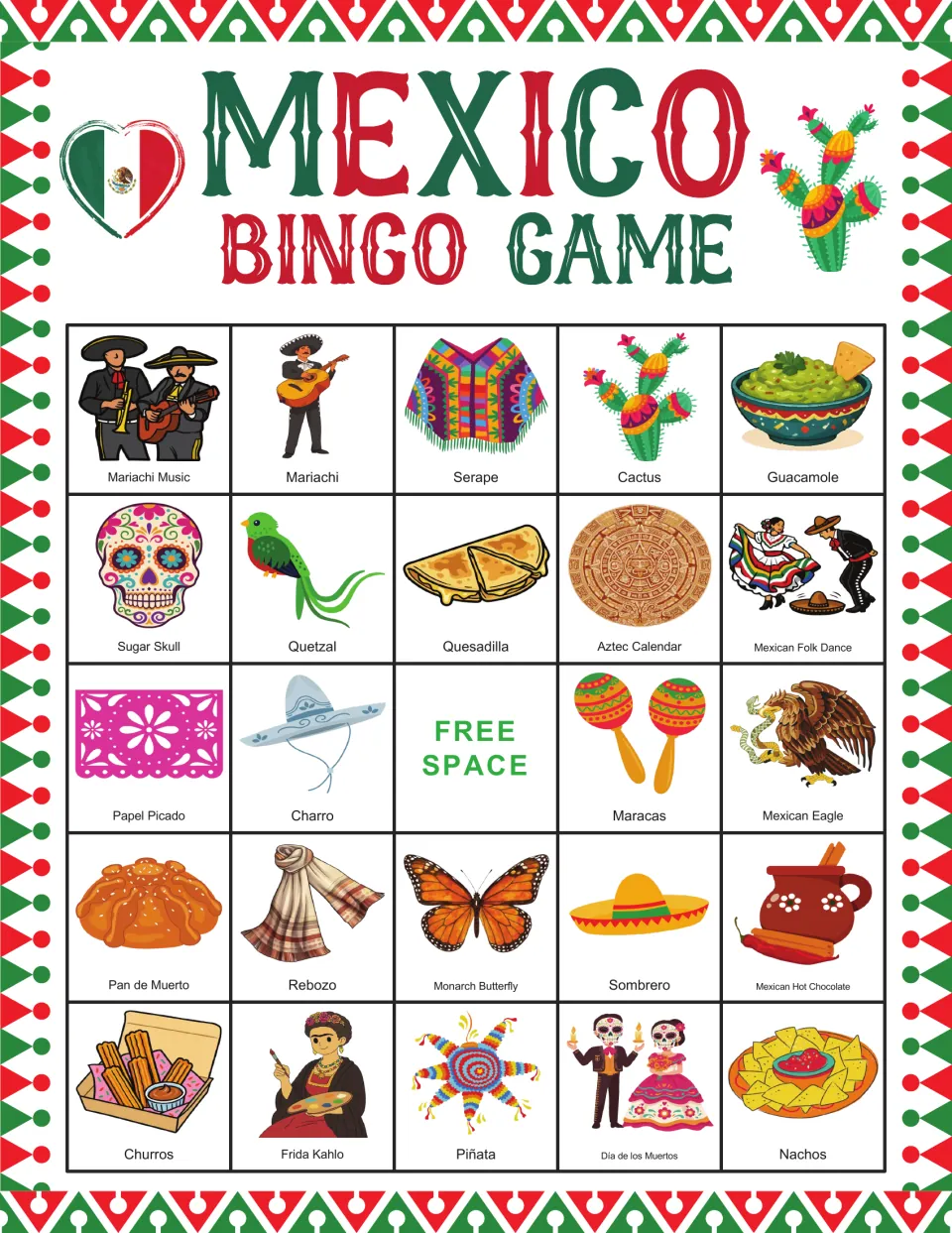 Bingo card 10: mariachi music, cactus, guacamole, sugar skull, and 20 more pictures, plus a free space