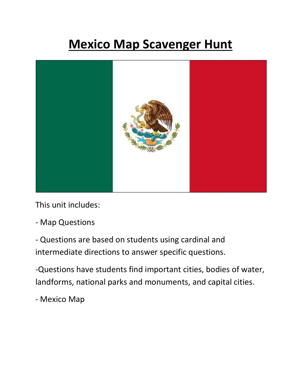 Mexico Map Scavenger Hunt cover introduces map questions using cardinal and intermediate directions.