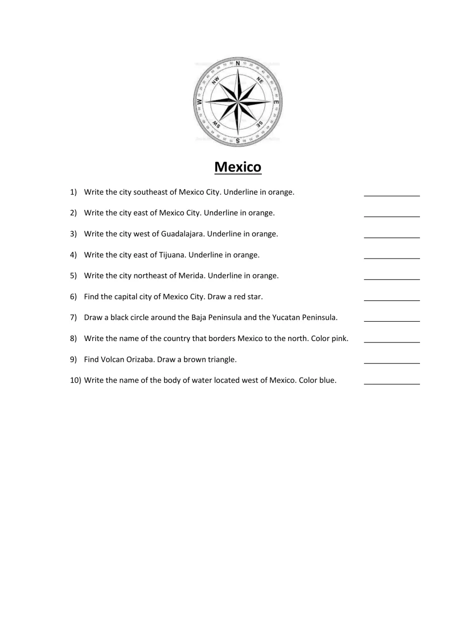 Mexico scavenger hunt questions 1–10 ask students to locate cities, peninsulas, a volcano, and an ocean.