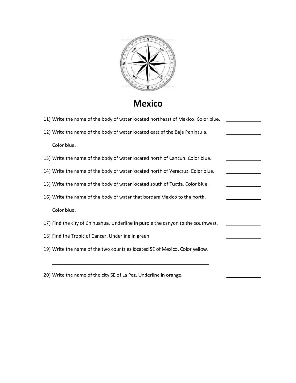 Mexico scavenger hunt questions 11–20 cover bodies of water, a canyon, the Tropic of Cancer, and countries.