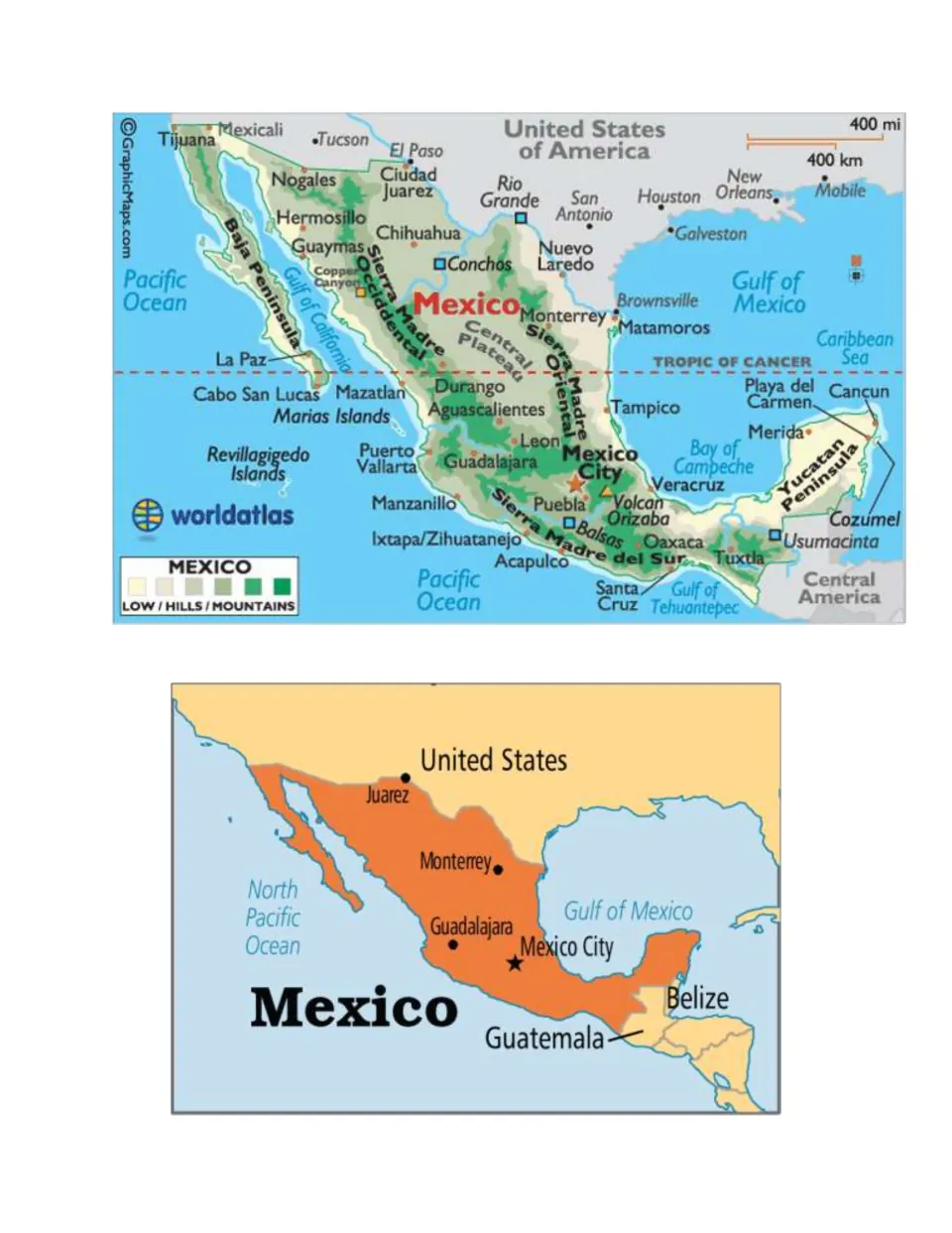 Two Mexico reference maps for the scavenger hunt show cities, landforms, bodies of water, and neighboring countries.