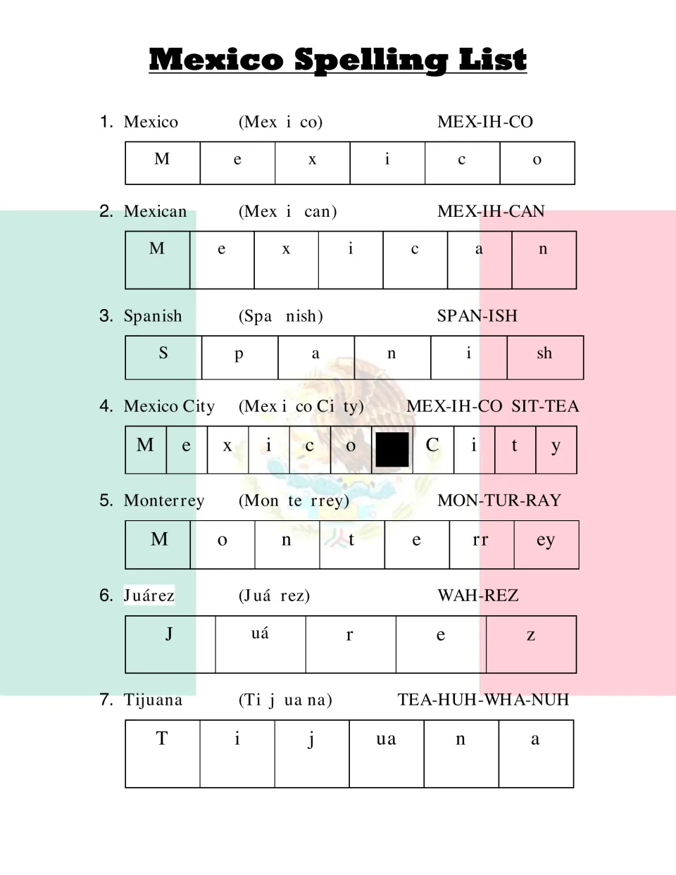 Mexico words 1-7, Mexico to Tijuana, each shown with syllables, a pronunciation guide and the spelling split into letters