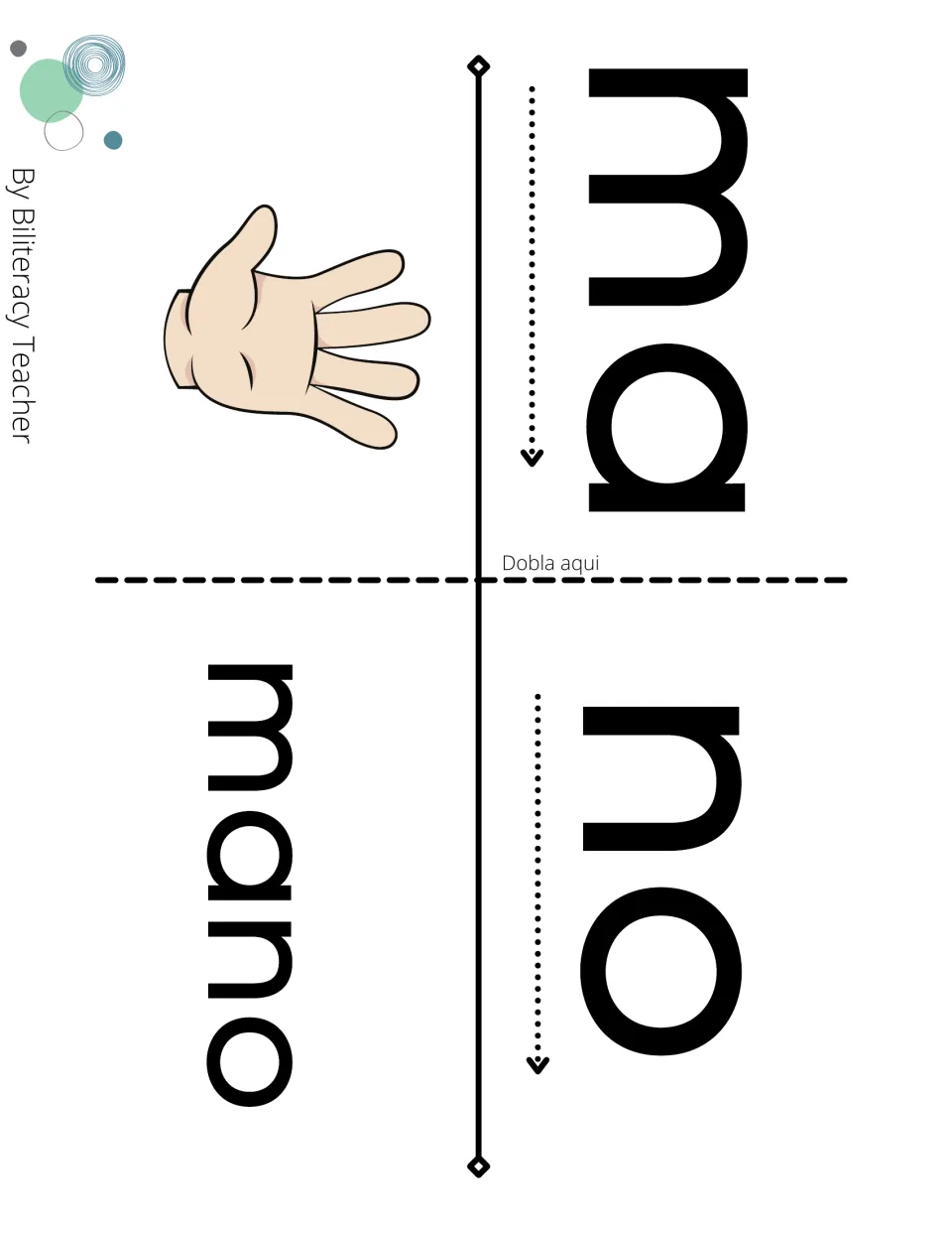 Fold-over booklet page: students read ma and no, fold at Dobla aqui, and read the whole word mano by a hand picture