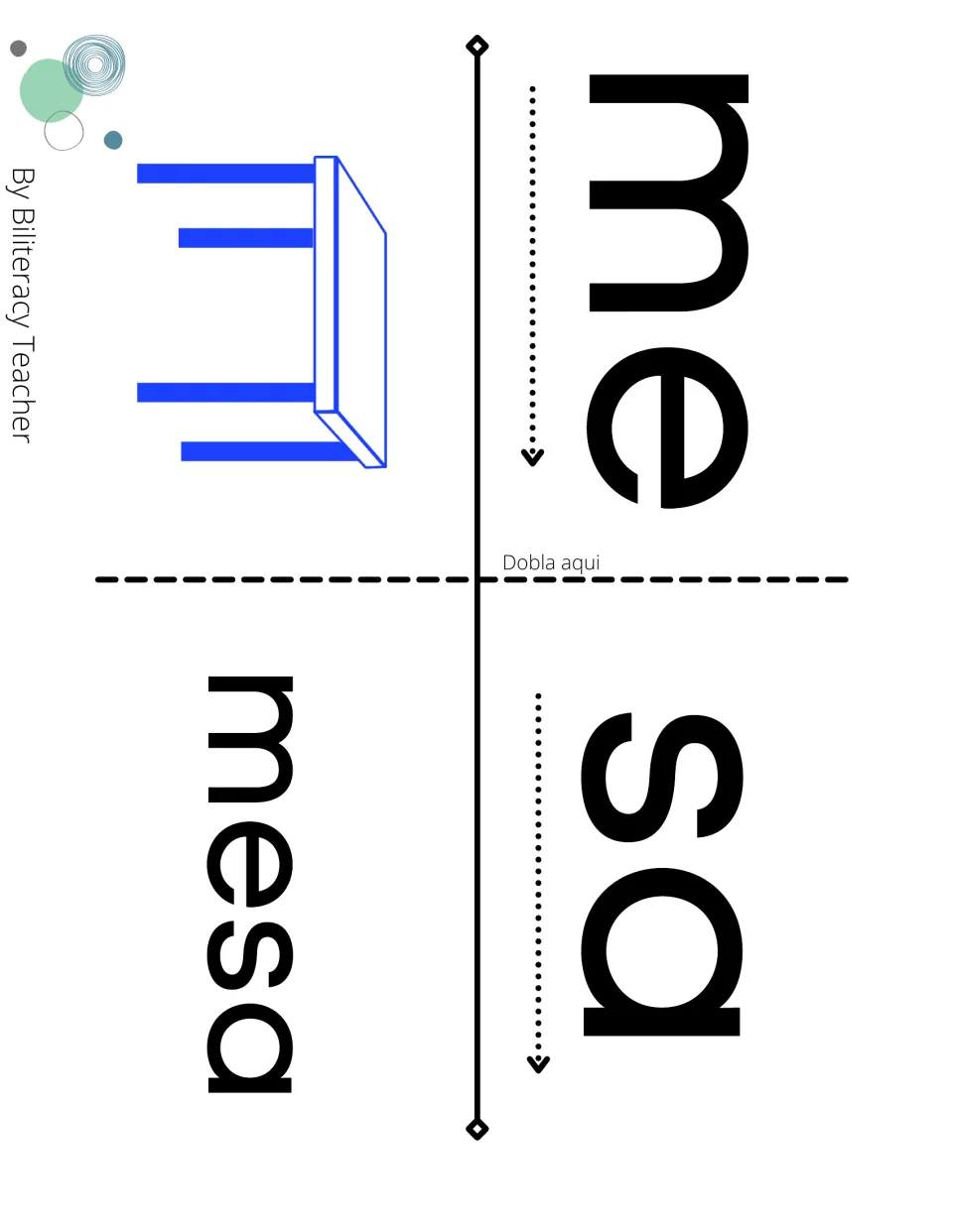 Fold-over booklet page blending me and sa: after folding at Dobla aqui, students read the full word mesa beside a table