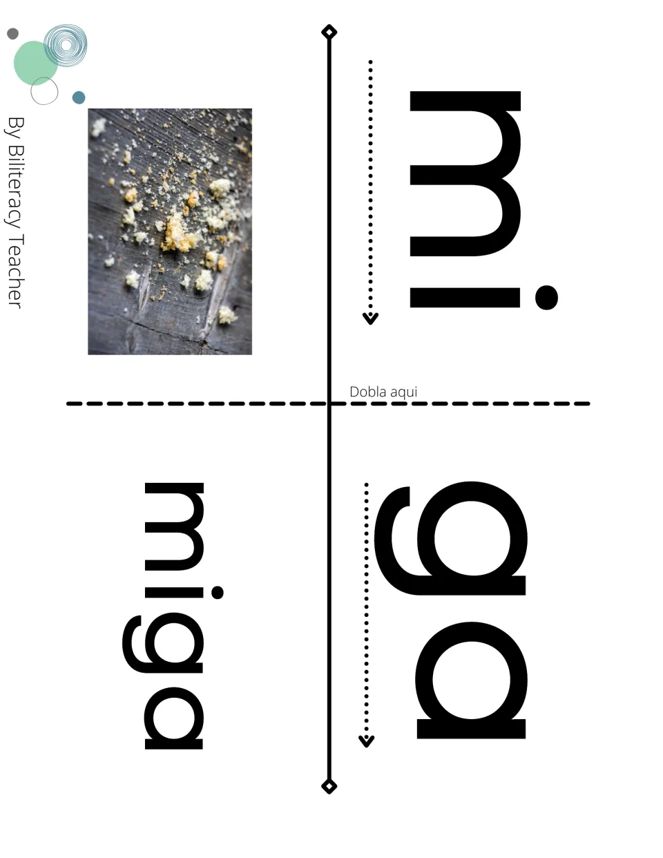 Fold-over booklet page with syllables mi and ga that students blend and fold to read miga, shown with a photo of crumbs