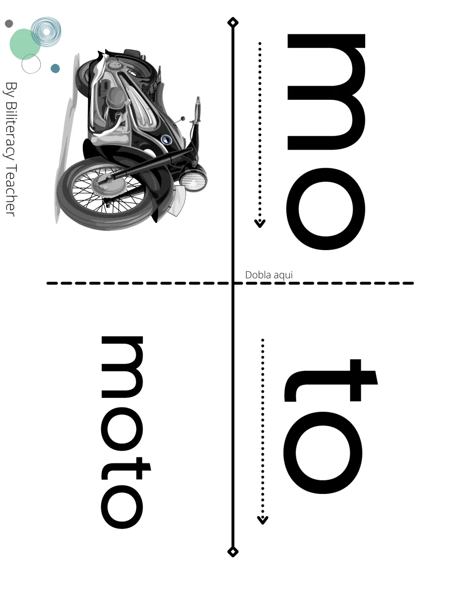 Fold-over booklet page pairing syllables mo and to; folding at Dobla aqui reveals the word moto with a motorcycle picture