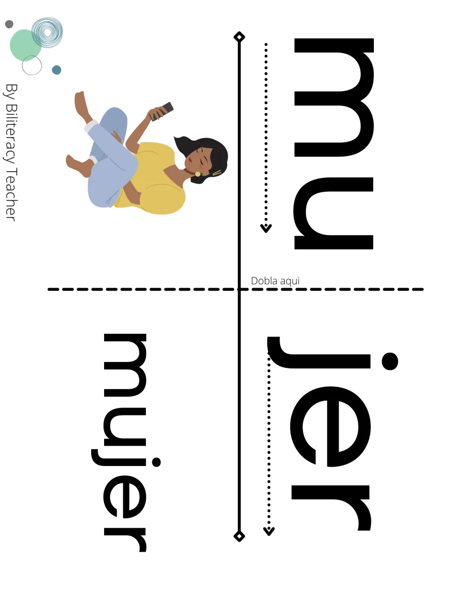 Fold-over booklet page blending mu and jer into mujer, illustrated with a woman sitting and looking at her phone