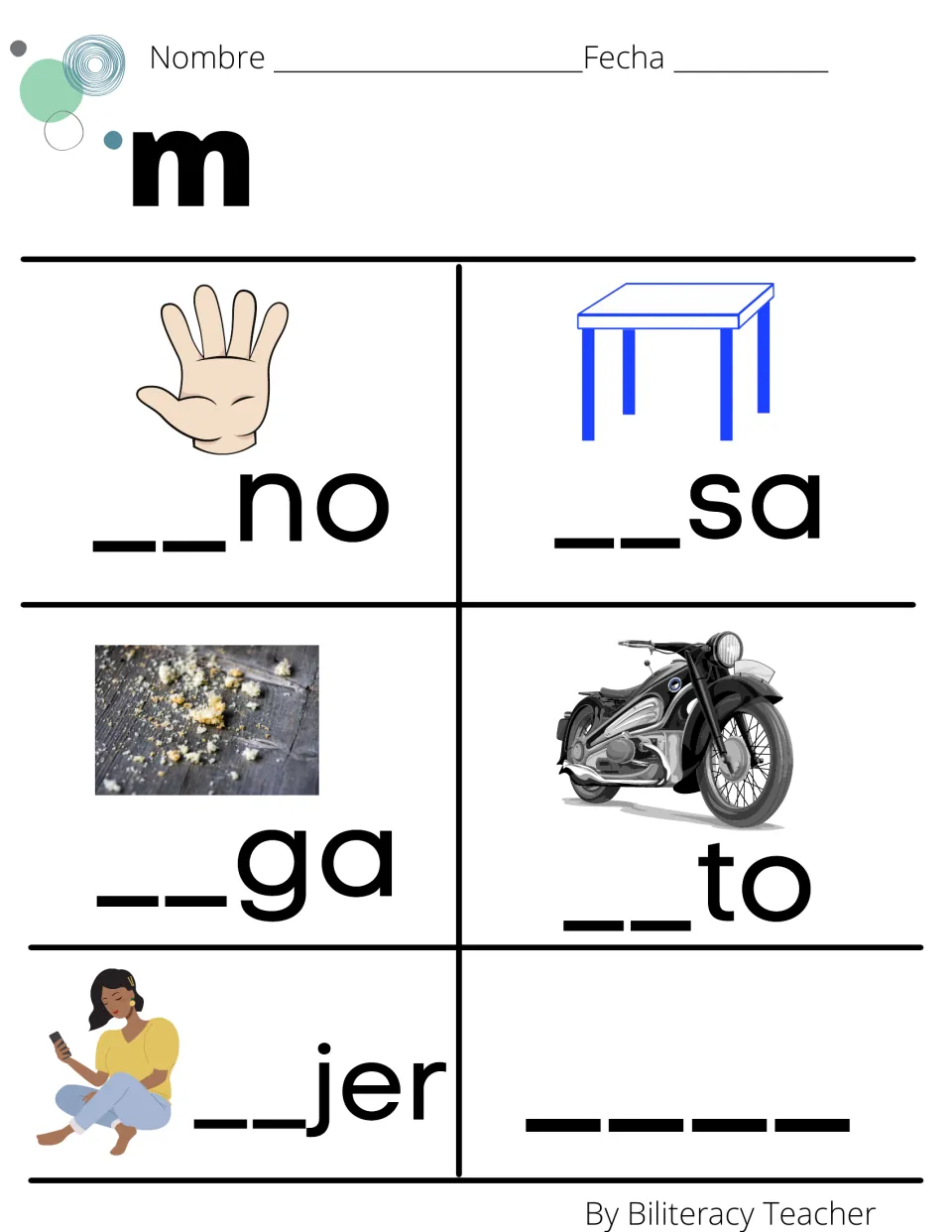 Missing m syllable practice: students write ma, me, mi, mo or mu to complete mano, mesa, miga, moto and mujer from pictures
