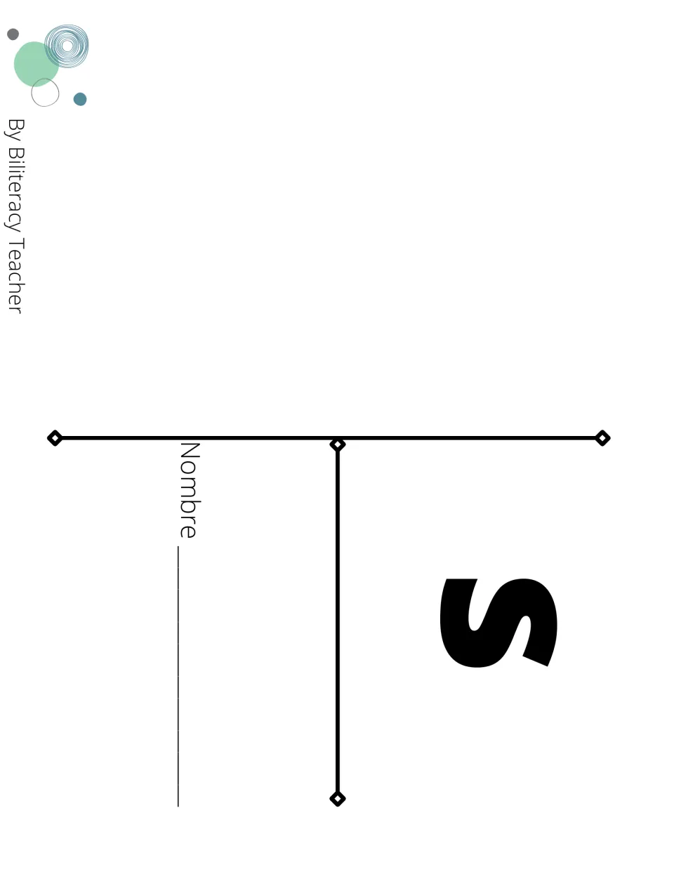 Front flap of a fold-up S syllable booklet: a large letter s and a Nombre line for students to write their name