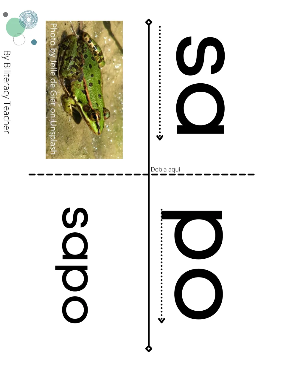 Syllable flip page for sapo: students fold on 'Dobla aquí' to blend sa and po into the word sapo beside a frog photo