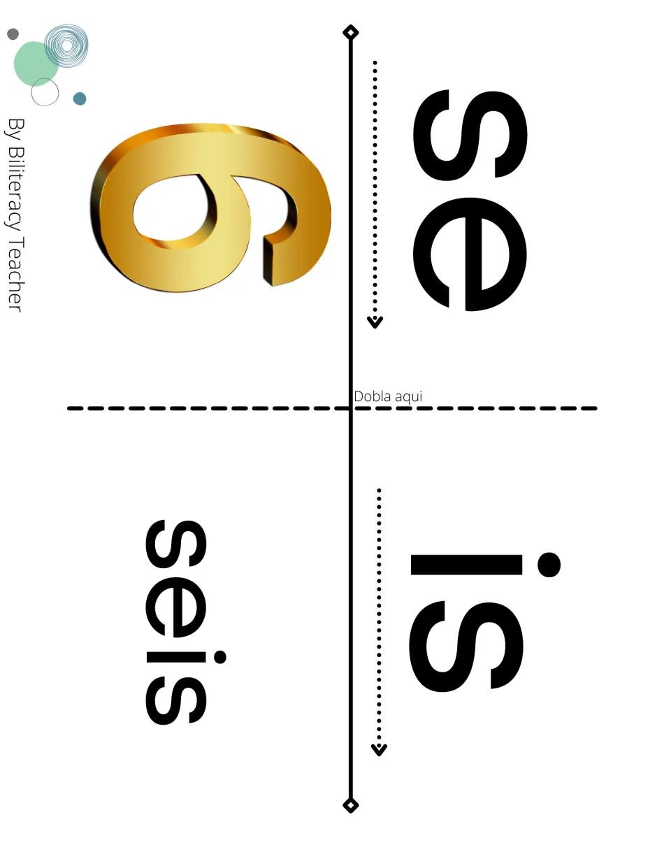 Syllable flip page for seis: students fold on 'Dobla aquí' to join se and is into the word seis next to a gold number 6