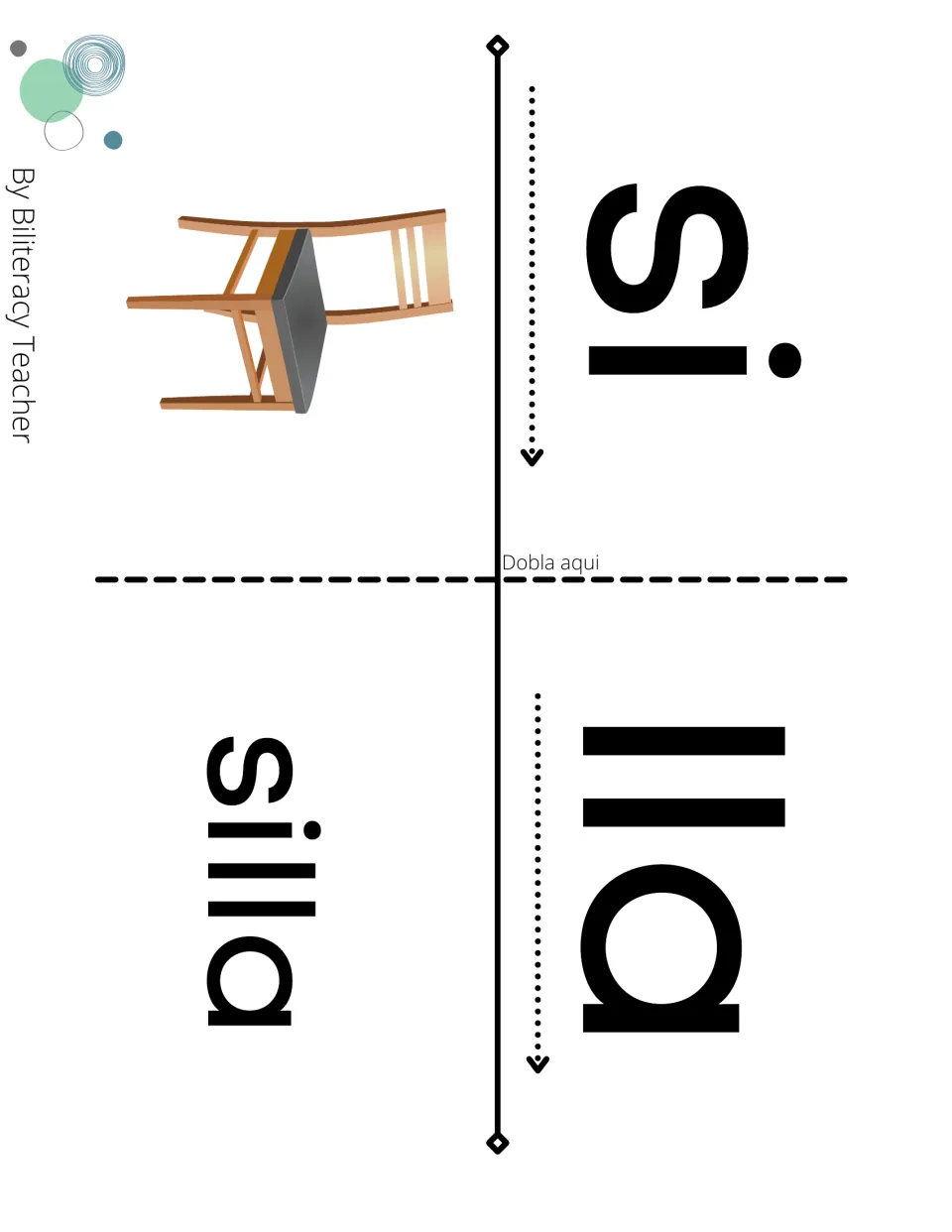 Syllable flip page for silla: students fold on 'Dobla aquí' to blend si and lla into the word silla beside a chair picture