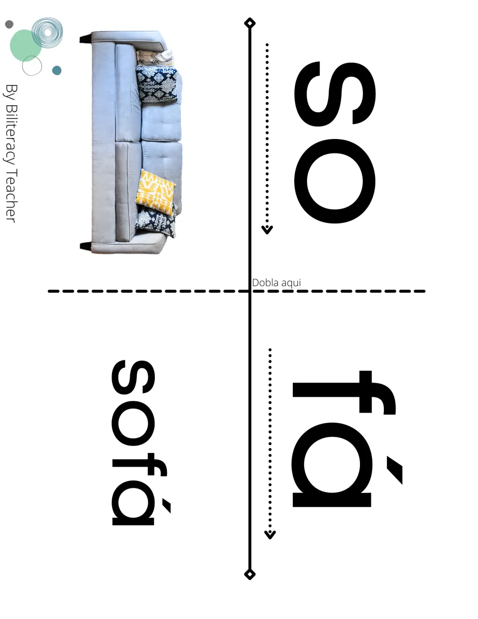 Syllable flip page for sofá: students fold on 'Dobla aquí' to blend so and fá into the word sofá beside a couch photo