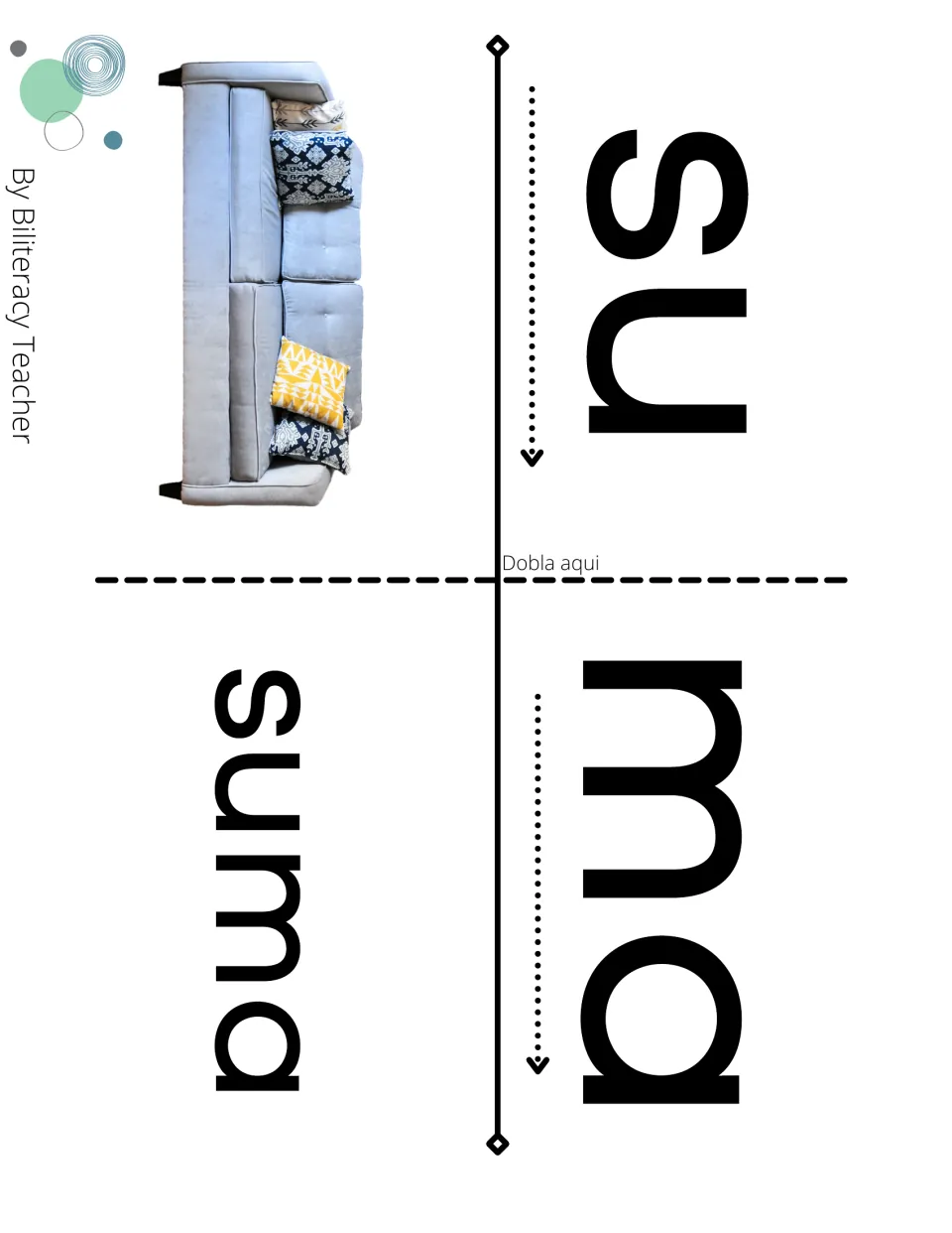 Syllable flip page for suma: students fold on 'Dobla aquí' to blend su and ma into the word suma; a couch photo is shown