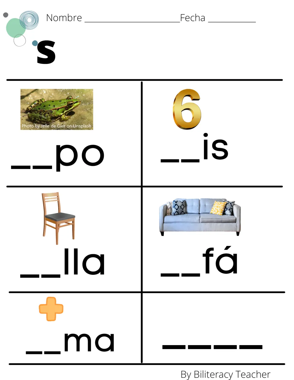 Missing S syllables: students write sa, se, si, so or su to finish __po, __is, __lla, __fá and __ma from pictures