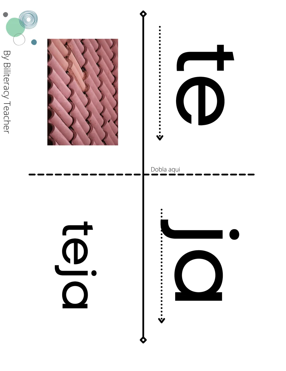 Syllable blending fold page: students read te and ja following the arrows, then fold to see teja beside a roof tile photo